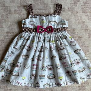 Blueberi Boulevard Girls White Cake Print Sundress with Brown Polka Dot Trim 24M